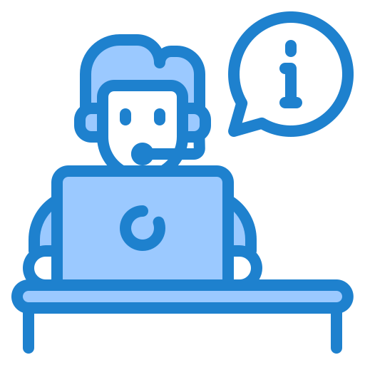 Ikona doradztwa IT – osoba za biurkiem z ikonką informacji